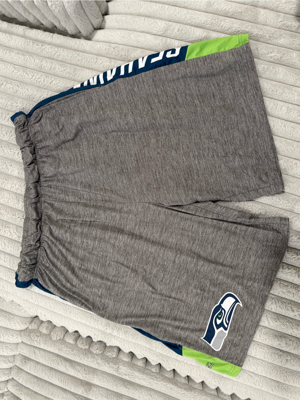Seattle Seahawks Men's Gray Athletic Shorts with Navy & Lime Accents - Picture 2 of 4